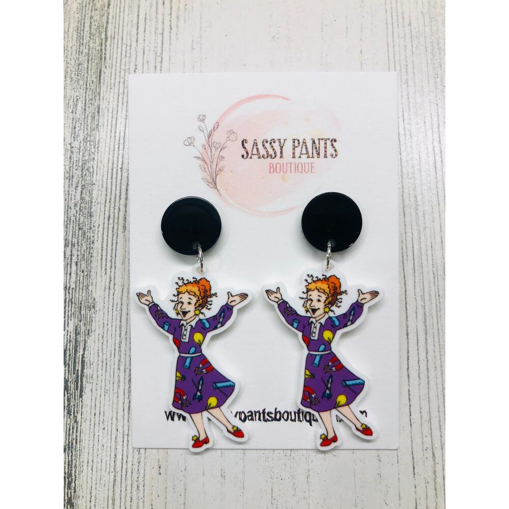 Mrs. Frizzle Purple Dress Magic School Bus Earrings NEW